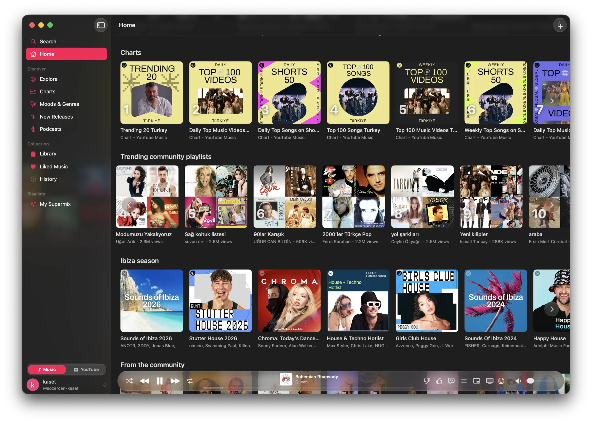 Kaset on Side A: the YouTube Music home screen with charts, community playlists, and a Liquid Glass player bar