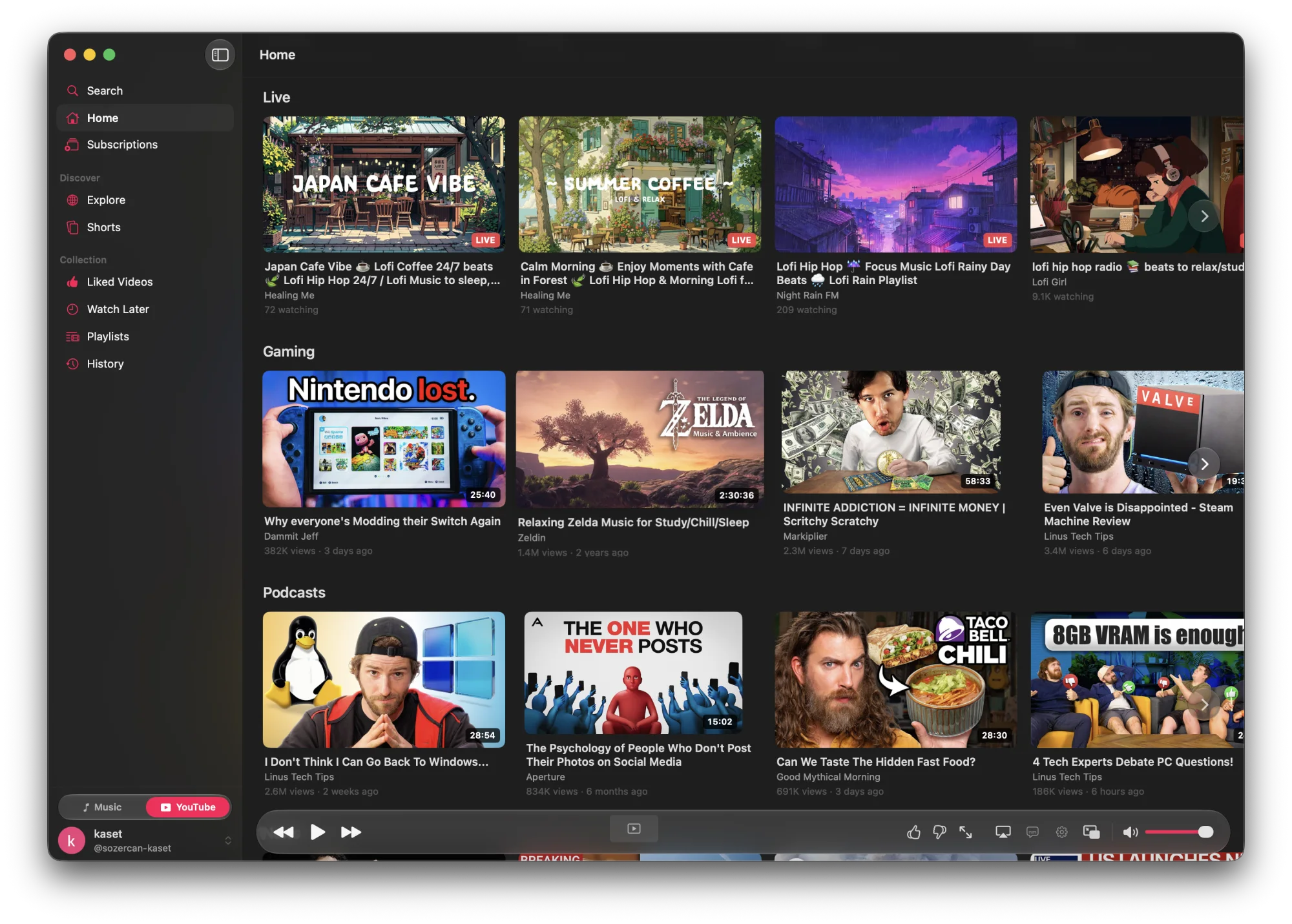 Kaset on Side B: the YouTube home screen with live streams, gaming videos, and podcasts